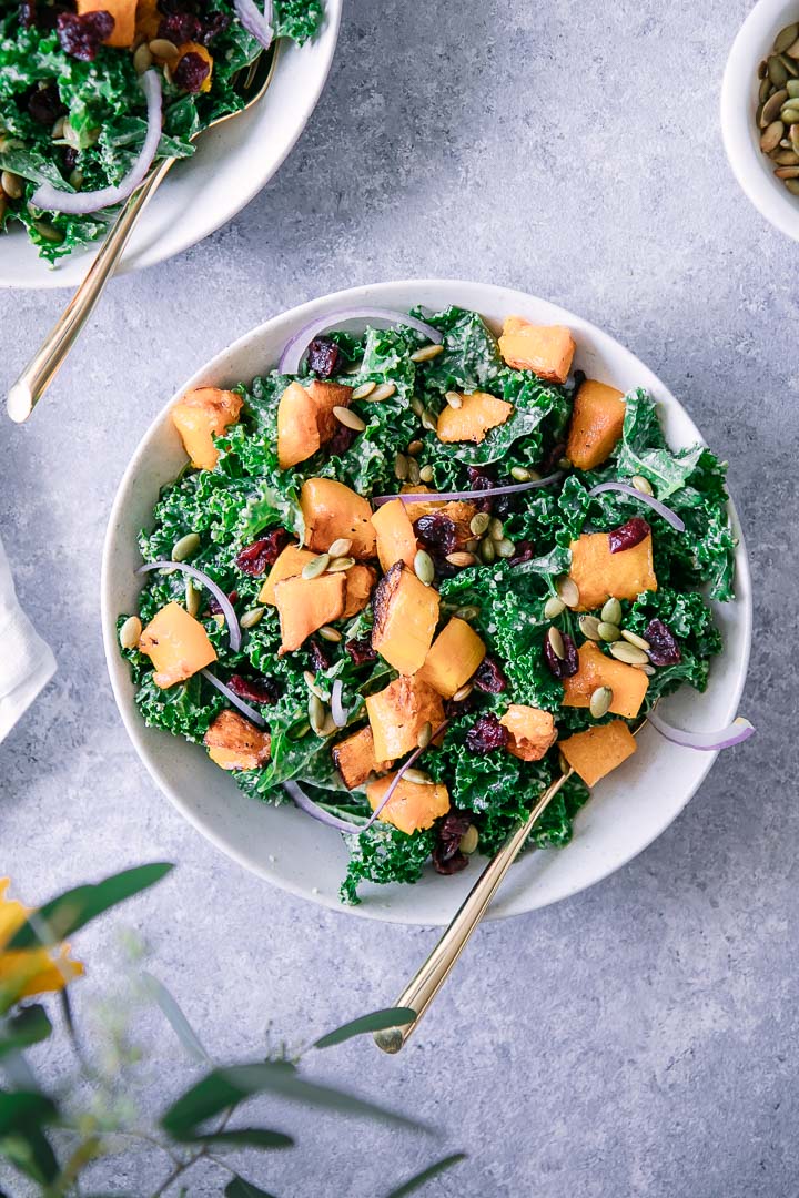 A green kale salad with orange squash with cranberries and pumpkin seeds