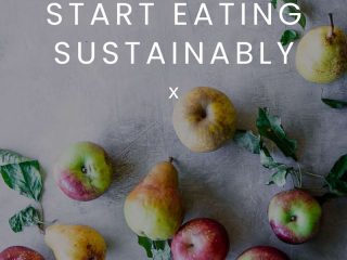 assorted green, red, and yellow apples on a blue table with the words "5 simple shifts to start eating sustinably" in white writing