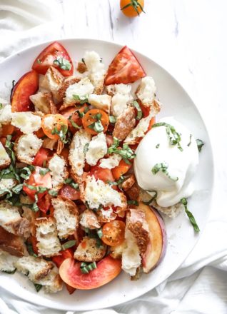 Summer Peach Panzanella Salad, a peachy summer salad with fresh tomatoes, ciabatta bread and summer peaches drizzled in a light olive oil dressing. Just peachy!
