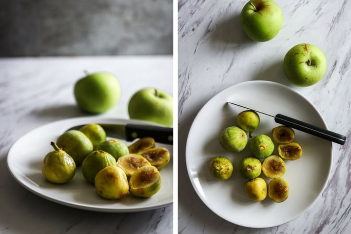 two photos of green figs sliced on a white plate