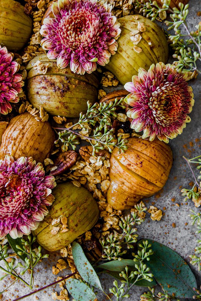 Hasselback Fall Fruit Platter with baked hasselback apples and pears with homemade maple granola. A perfect seasonal autumn fruit pickable platter.