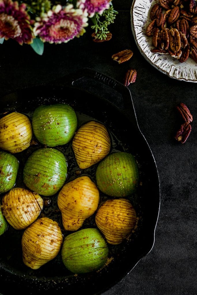 Hasselback Fall Fruit Platter with baked hasselback apples and pears with homemade maple granola. A perfect seasonal autumn fruit pickable platter.