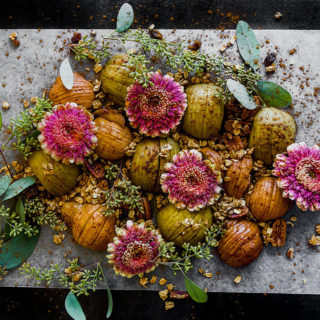 Hasselback Fall Fruit Platter with baked hasselback apples and pears with homemade maple granola. A perfect seasonal autumn fruit pickable platter.