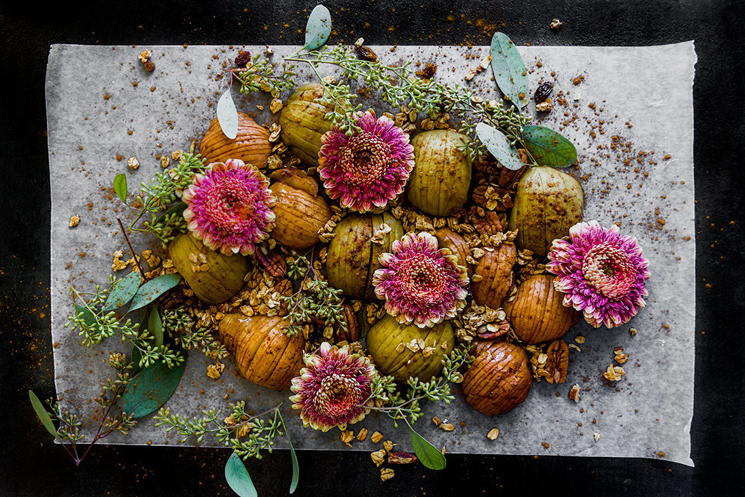 Hasselback Fall Fruit Platter with baked hasselback apples and pears with homemade maple granola. A perfect seasonal autumn fruit pickable platter.