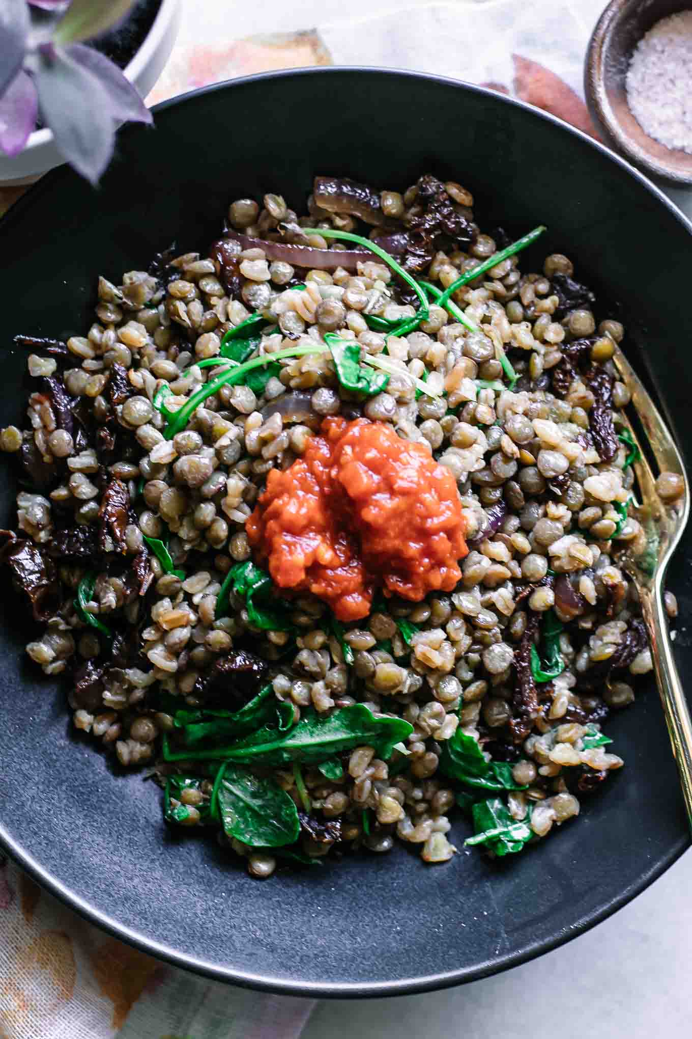 a black bowl with lentils, farro, and red harissa with a gold fork