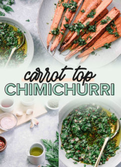 a collage of photos of an herb sauce with carrots and the words "carrot top chimichurri" in black writing