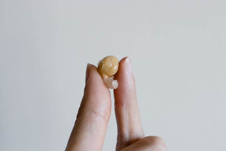 Two fingers squeezing the skin off one small chickpea.