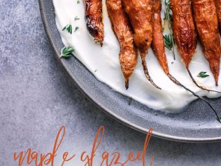A plate of baked carrots with the words 