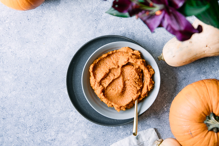 pumpkin pie filling in a blue bowl