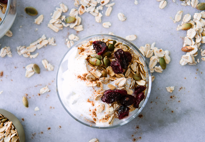 A bowl of yogurt with pumpkin seeds and muesli