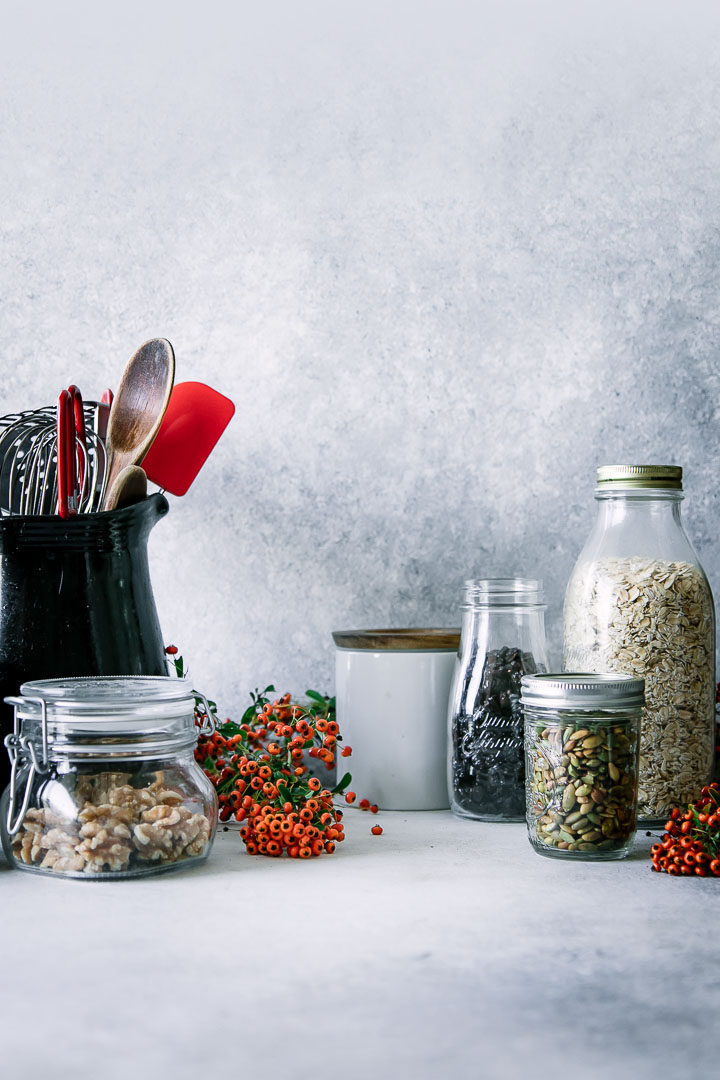 Eco-friendly glass food jars on a kitchen counter