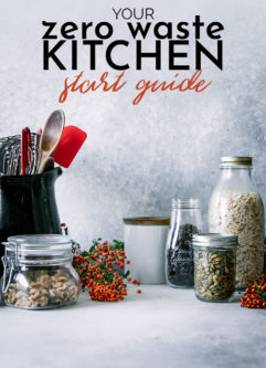 Reusable glass foods jars with the words "your zero waste kitchen start guide" in black writing