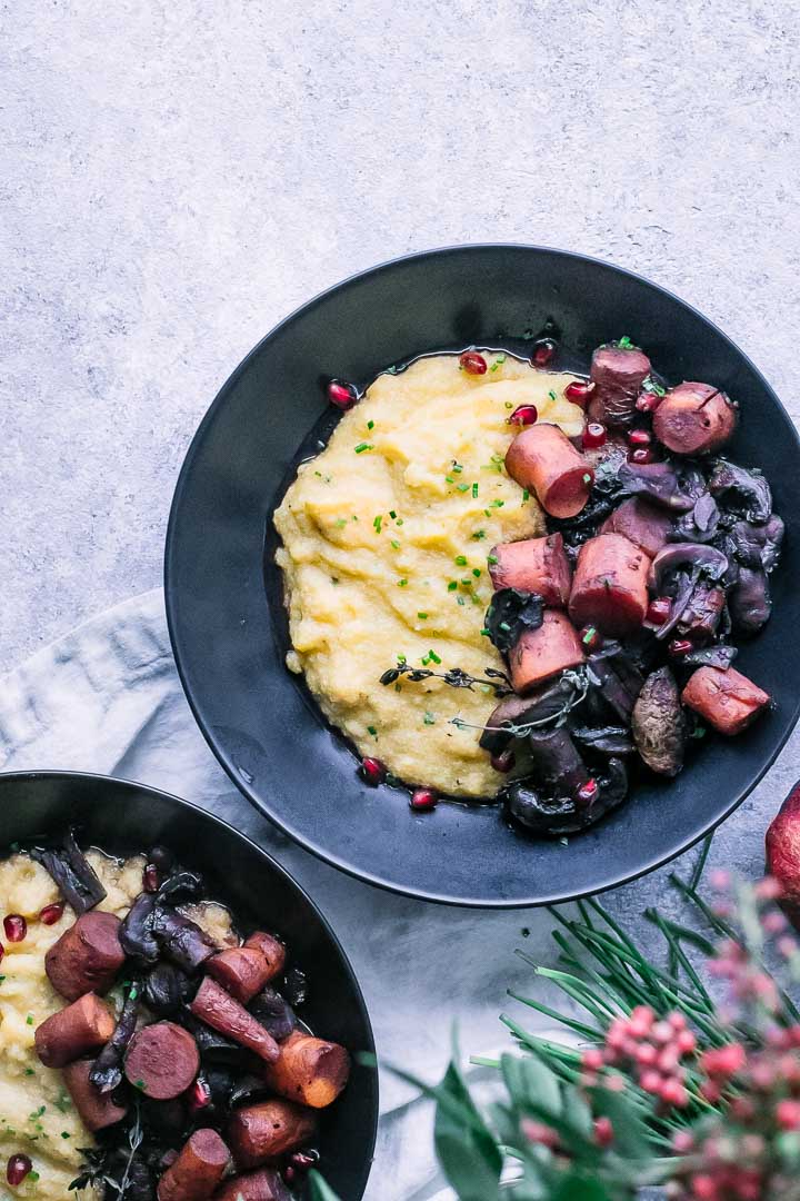 yellow polenta with roasted mushrooms and carrots