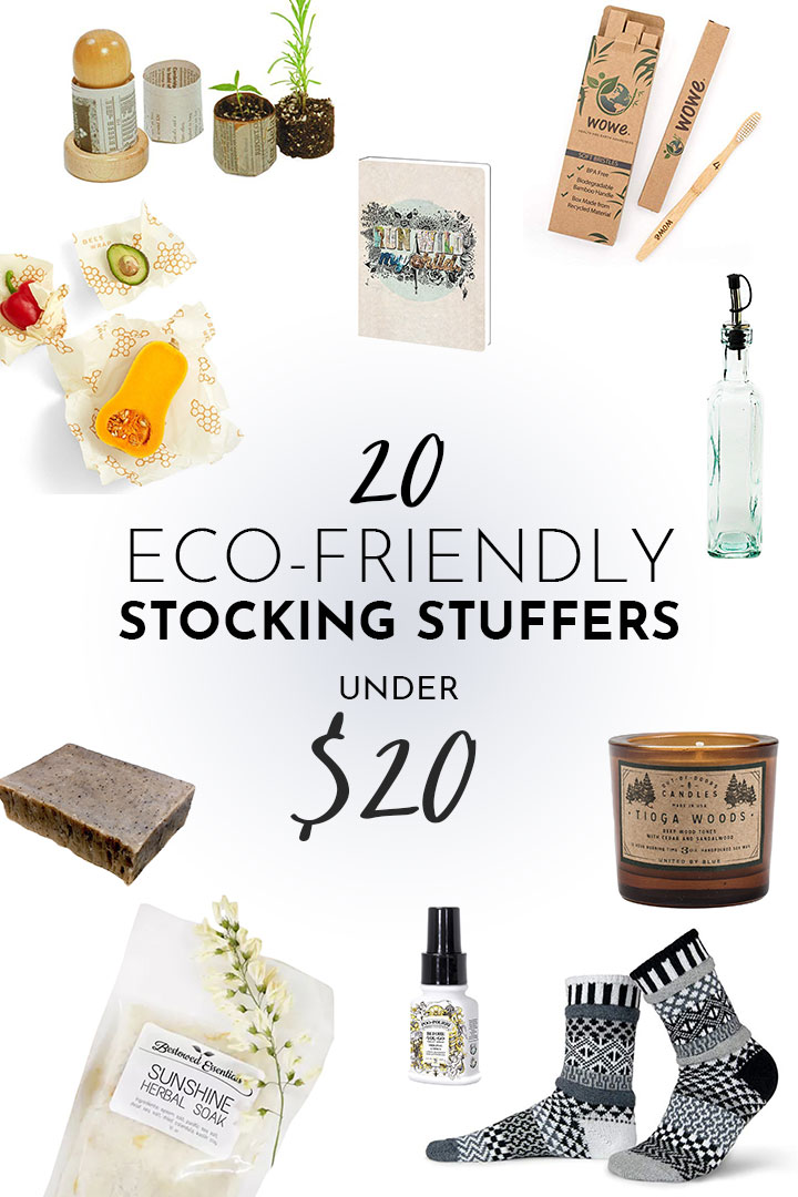 a collage of eco-friendly stocking stuffer gifts including candles, soap, socks, and glass bottles on a white background.