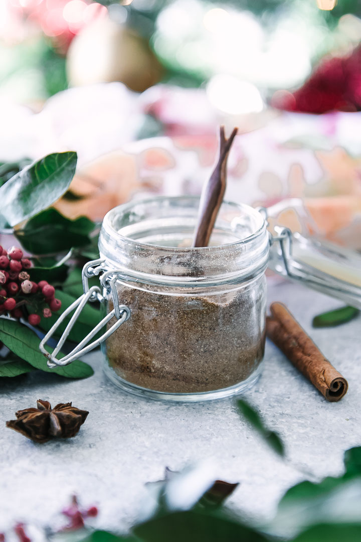 a small glass jar with a masala chai spice blend