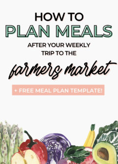 a green graphic with the words "how to plan meals around your weekly trip to the farmers market" in black writing
