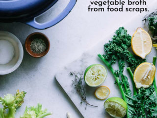 food scraps on a white table with a soup pot and the words "save those scraps! make this simple vegetable broth from food scraps"