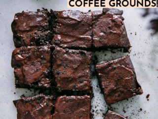espresso brownies on a marble table with the words "make brownies from leftover coffee grounds" in black writing