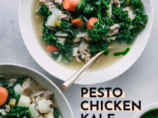 two bowls of chicken and potato soup with kale and the words "pesto chicken kale potato soup" in black writing