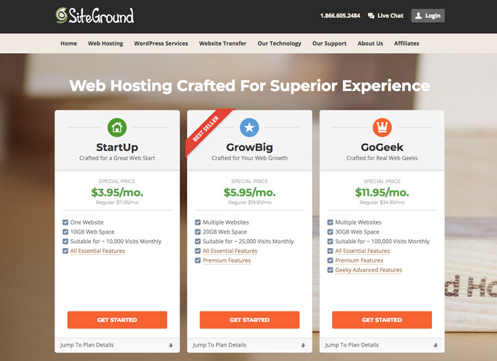 A table with all Siteground food blog hosting plans, with pricing