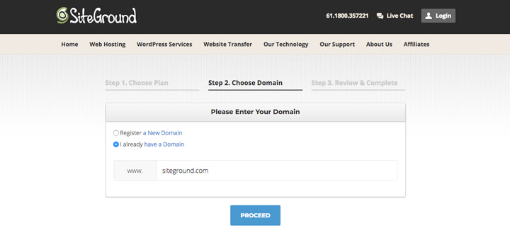 a screenshot of Siteground's domain name search function
