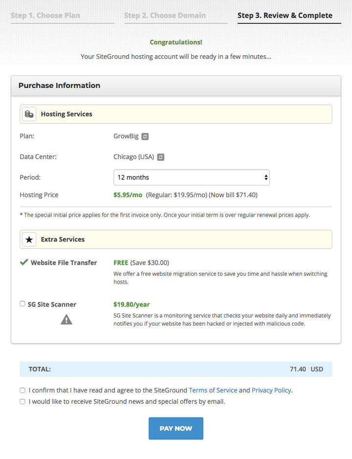 the checkout page of siteground's hosting signup system