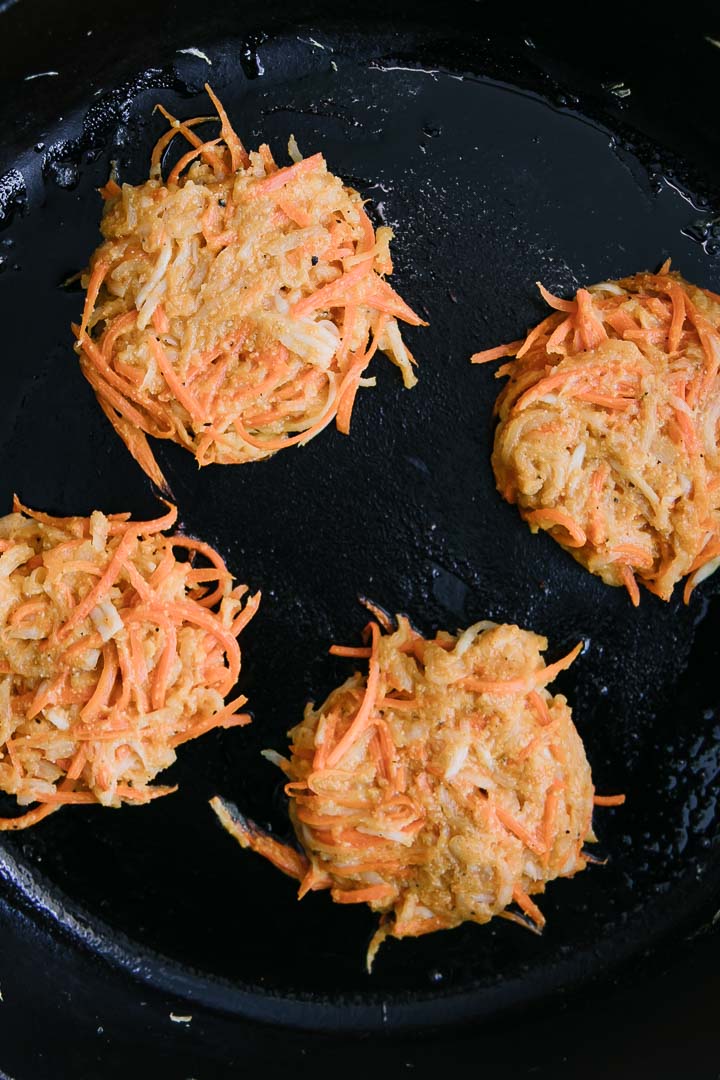 vegetable pancakes on a cast iron skillet