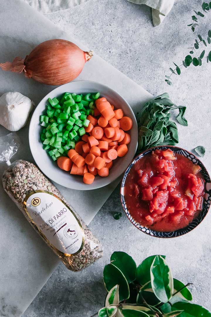 a bowl of carrots and celery, a bowl of crushed tomatoes, and a bag of zuppa di farro mix on a white table