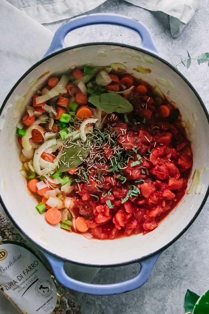 a large soup pot with carrots, onion, celery, crushed tomatoes and herbs