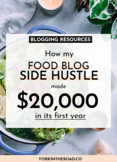 a photo of a soup pot and vegetables with a white boxed graphic with the words "blogging resources: how my food blog side hustle made $20,000 in its first year" in black writing