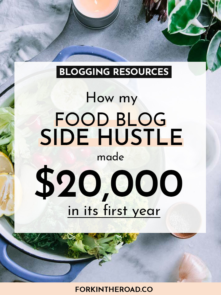 a photo of a soup pot and vegetables with a white boxed graphic with the words "blogging resources: how my food blog side hustle made $20,000 in its first year" in black writing