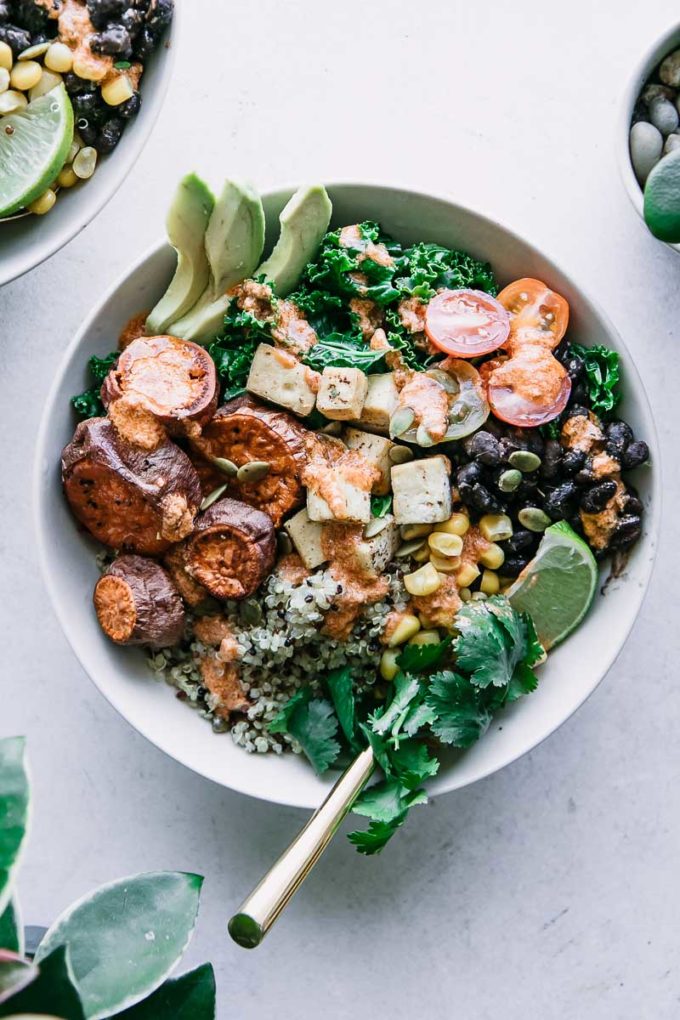 quinoa, black beans, kale, corn, tomatoes, roasted sweet potatoes, sliced avocado, chipotle lime tahini sauce, a lime wedge, and cilantro in a white bowl on a white countertop with two green plants