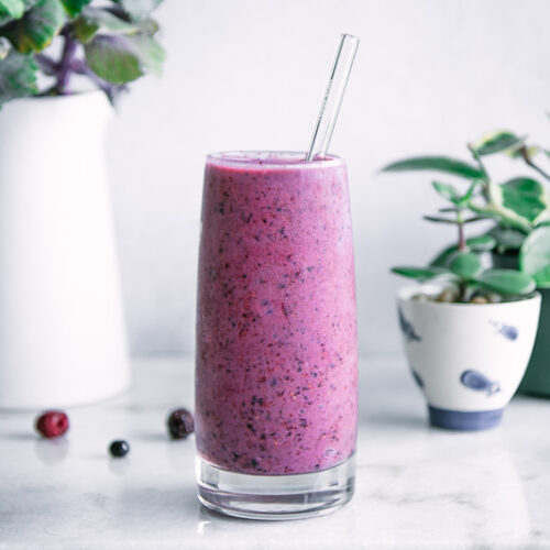 a breakfast smoothie with three berries, bananas, protein powder, and plant-based milk on a white table with green plants in the background.