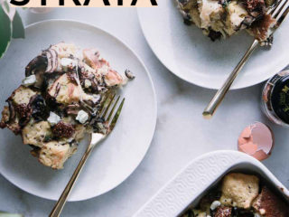 two white plates with sourdough breakfast strata on a white table with the words "mushroom dijon sourdough breakfast strata" in black writing