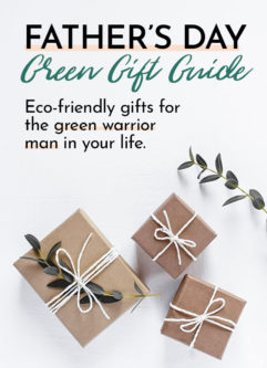 Gifts in natural gift wrap on a white table with the words "Father's Day Green Gift Guide" in black writing