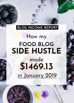 a photo of food on a white table with the words "how my food blog side hustle made $1469.13 in January 2019" in black writing