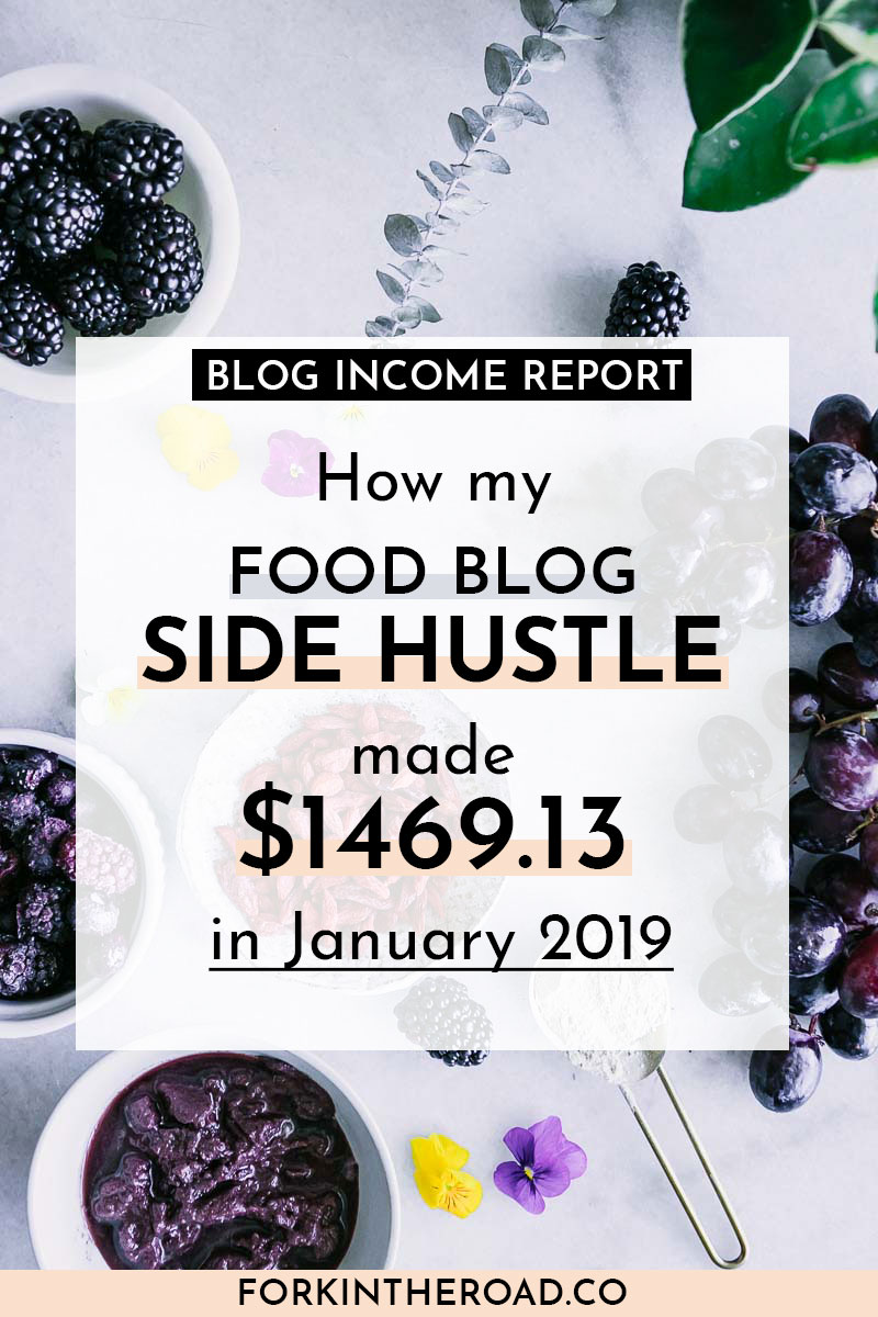 a photo of food on a white table with the words "how my food blog side hustle made $1469.13 in January 2019" in black writing