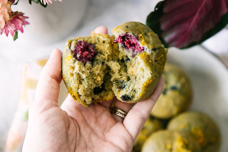 a hand pulling apart a soft lemon and berry muffin