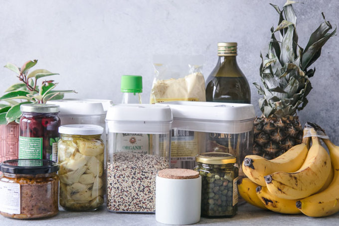 boxes and jars of food on a white countertop