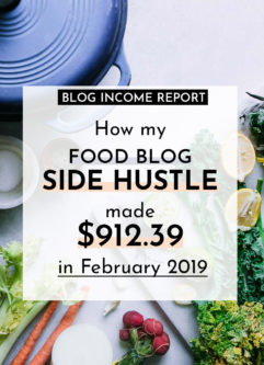 a photo of vegetables on a table with a white box with the words "how my food blog side hustle made $912.39 in February 2019" in black writing