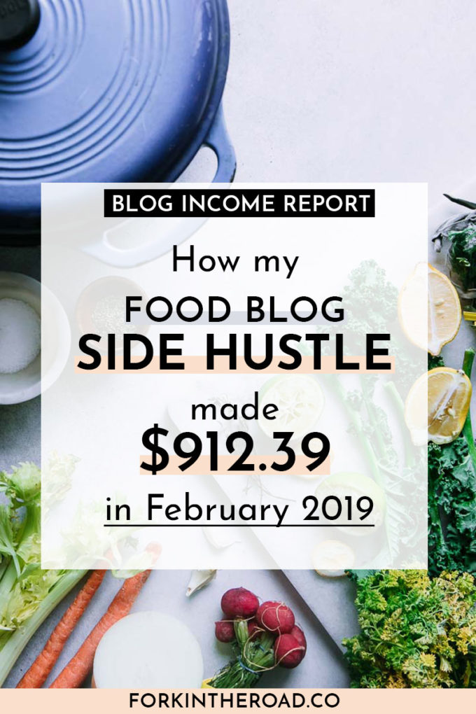 a photo of vegetables on a table with a white box with the words "how my food blog side hustle made $912.39 in February 2019" in black writing