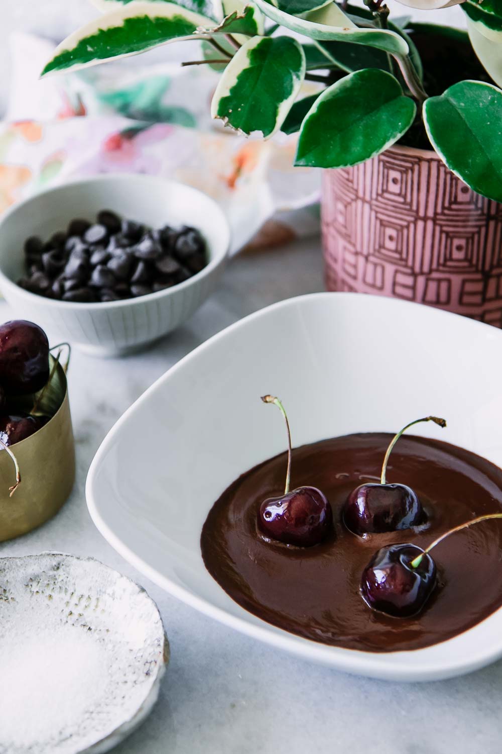a white bowl of melted chocolate with three black cherries coated in chocolate on a table with a green plant