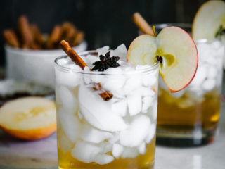 an apple cider vinegar spritzer over ice in a cocktail glass with an apple slice and cinnamon stick garnish on a white table with the word "apple cider sprizer" in white writing