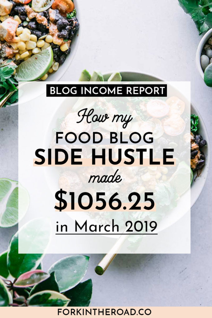 a white buddha bowl on a white table with a text graphic that says "how my food blog side hustle made 1056.25 in March 2019" in black writing