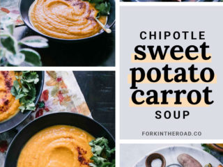 five photos of how to make sweet potato carrot soup against a white background