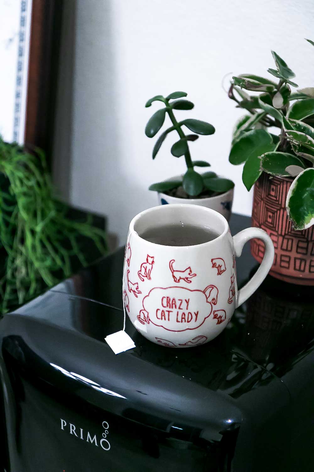 a cup of tea on top of a primo water dispenser