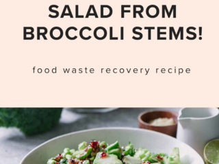 a pink and green graphic with a photo of a green salad in a white bowl and the words "how to make a salad from broccoli stems" in black writing