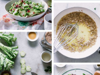 a collage of photos showing cutting broccoli, toasted sesames in a pan, a salad bowl, and black letters that say "leftover broccoli stem salad"