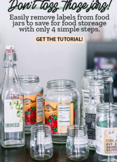 empty food jars with labels on a wooden table and the words "don't toss those jars! easily remove labels from food jars" in black writing