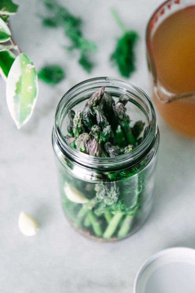 asparagus stalks inside a tall jar on a white table with garlic and dill